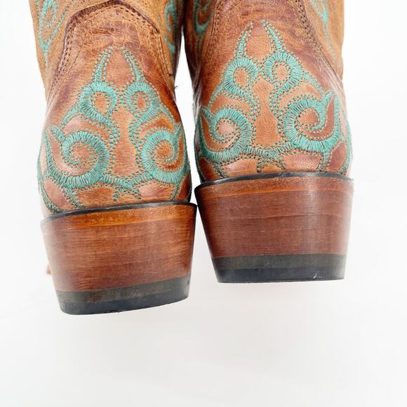 Lucchese Women’s 11 Cognac Leather Teal Stitch Studded Pointed Toe Cowgirl Boots - Picture 9 of 12